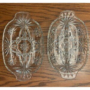 Set of 2 Identical Depression Cut Glass Divided Relish Trays Clear Oval Star